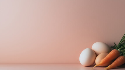 Easter Bounty: An artistic arrangement of eggs and carrots, set against a soft, blush-toned backdrop. Evoking the freshness of spring.