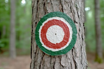 Fototapeta premium Red arrow hitting dead center of archery target on a tree in the forest