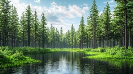 Obraz premium Serene Forest Landscape with Lush Greenery and Calm Reflective Water Under a Clear Blue Sky