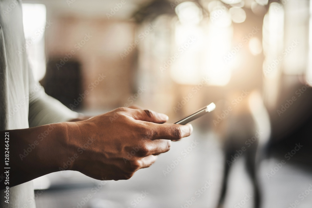 Poster Hands, smartphone and texting for chat at gym with contact, training and break at fitness class. Person, phone and click on mobile app for progress with exercise, workout and stats for wellness