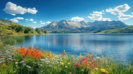 Scenic view of a tranquil lake surrounded by a majestic mountain range under a clear blue sky