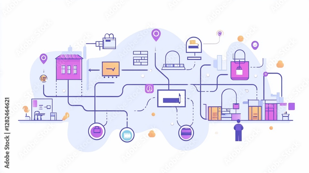 Poster a simplified, interconnected logistical process depicted in a modern, flat graphic style with clear 