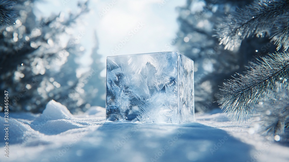 Poster Ice cube resting on snow in a winter forest setting