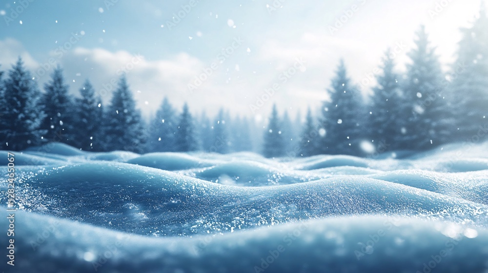 Poster snow falling on snowy field in front of pine forest during winter