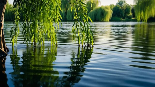 Peaceful willow tree branches touching calm lake water during summer day
