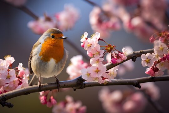 Bird perched on branch of cherry tree blooming pink flowers