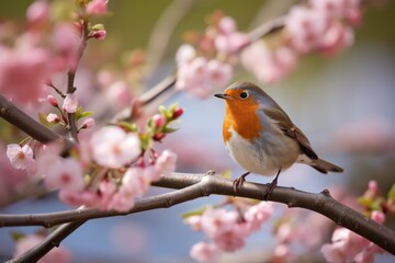 Small bird perched on pink flowers branch