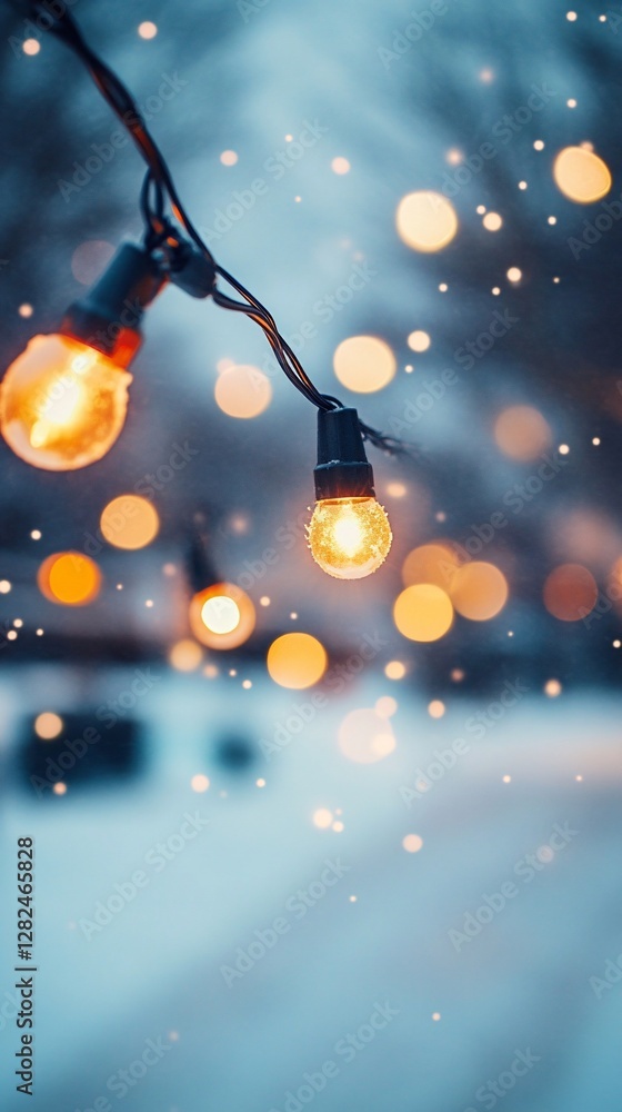 Poster Glowing string lights creating a festive bokeh effect in winter