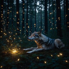 A luminous wolf surrounded by floating fireflies in a dark forest.