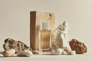A bottle of perfume surrounded by stones and wood, on a beige background, in a minimalist style. This is a product photography image with soft lighting, high resolution, and attention to real details,