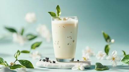 A high-quality photographic scene of a jasmine milk tea drink placed on a smooth white stone slab, with delicate jasmine flowers and green tea leaves scattered around
