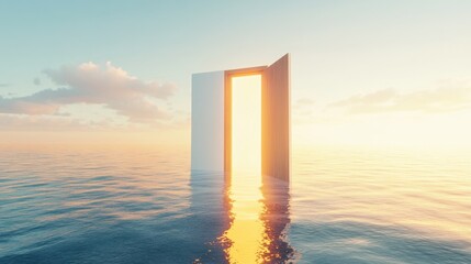 a minimalist scene of an open door in the middle of a vast ocean, golden light spilling out, symbolizing rare opportunities and bold choices, soft pastel surrealism