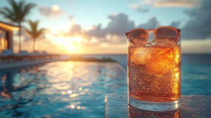 Iced drink by pool at sunset.