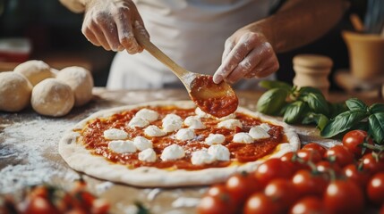 A modern pizza chef spreading tomato sauce on dough with a wooden spoon, surrounded by fresh basil, mozzarella, and cherry tomatoes. 