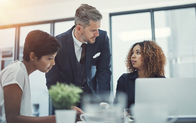 Brainstorming, talking or business people in meeting with mentor for teamwork, project funding or...