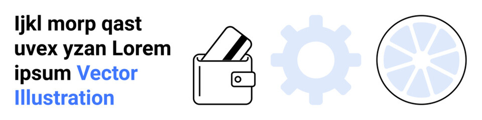 Wallet with credit cards, large gear cog, and stylized wheel. Ideal for finance, technology, engineering, industry, mechanics e-commerce and web design themes. Landing page