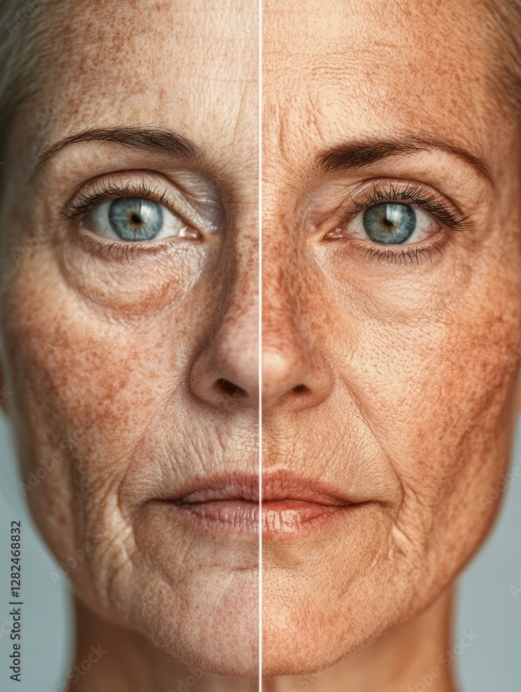 Leinwandbilder transformation from age to youthfulness shown in split view of a face with visible wrinkles and smoo