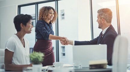 Happy, business people and meeting with handshake for corporate deal, partnership or agreement in boardroom. Businessman, woman or colleagues shaking hands in conference for b2b, hiring or recruiting