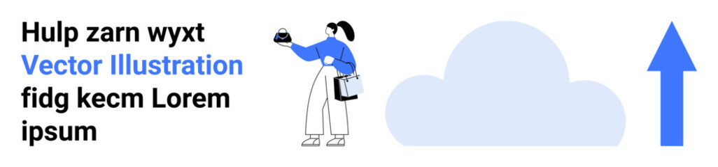 Woman holding a file while standing near a cloud and upward arrow representing cloud upload and data transfer. Ideal for technology, data storage, cloud computing, digital security, information