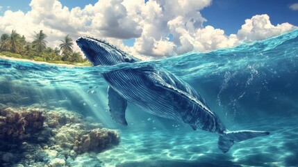 Fototapeta premium A Whale swimming in the clear water of an ocean, photorealistic landscapes, crystal-core, spectacular backdrops, natural lighting, detailed illustrations.