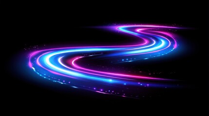 Obraz premium Abstract blue and purple light streaks on a dark background, with a speed motion blur effect and glowing lines in the shape of a road or highway.