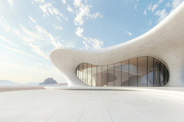 Abstract architecture, minimalistic, curved lines, white floor with desert landscape in the background, sky.