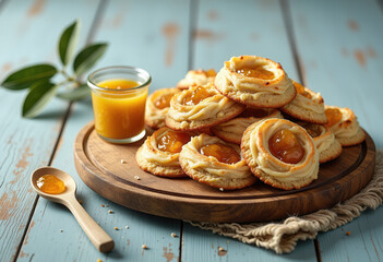 Apricot jam-filled pastries on a wooden board for dessert blogs, recipe websites, and pastry-themed design projects.