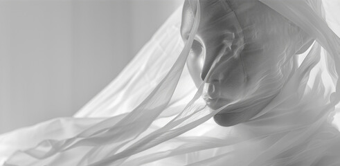 A female mannequin in white, draped with ethereal fabric.