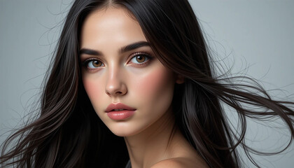 Naklejka premium Stunning Portrait of a Young Woman with Flowing Dark Hair and Flawless Skin