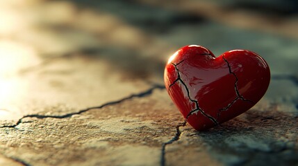 Fototapeta premium A broken heart with cracks on the floor, symbolizing emotional pain and loss. The red color of the heart is prominent against a soft pastel background.