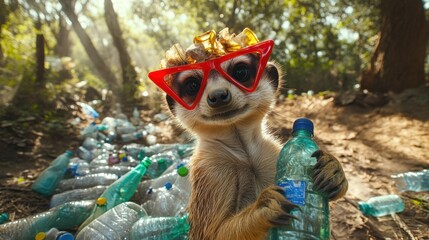 Take a selfie of a meerkat wearing red inverted triangle glasses in the forest, surrounded by many plastic bottles.
