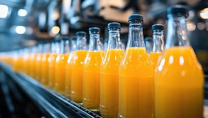 Juice bottles on conveyor belt in factory