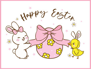 Retro Coquette Easter Bunny and Chick decorate Egg with bow, Cute Festive Hand Drawn Illustration