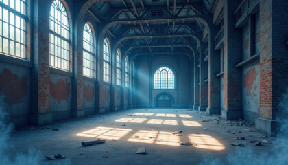 Sunlit, empty old factory hall, for industrial history blogs, urban decay websites, and design backgrounds.