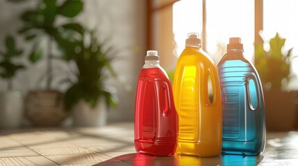Colorful Bottles of Liquid Cleaning Products in Bright Room Light