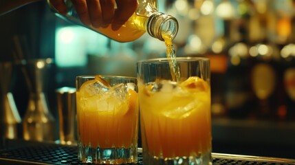 Bartender pouring orange cocktail at bar with blurred background
