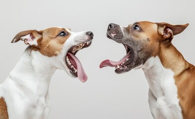 A Jack Russell Terrier and an American Staffordshire Terrier side by side, isolated on a white background, with their tongues out and mouths open wide, in a studio shot with high-resolution photograph