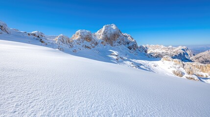 Obraz premium Snow-covered mountain peaks rise above a pristine white slope under a clear blue sky during a bright winter day.