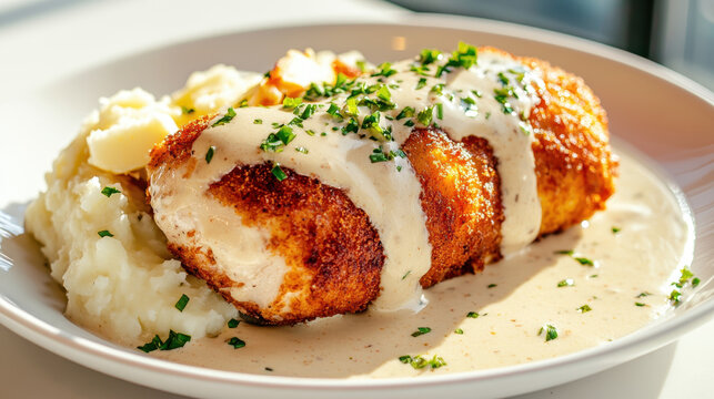 Crispy Fried Chicken Breast with Creamy Sauce and Mashed Potatoes