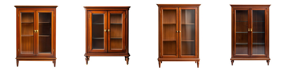 Antique Wooden Cabinets with Shelves for Elegant Home or Office Decor  Vintage classic furniture pieces made of wood for displaying collectibles books and other accessories in a refined