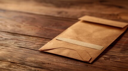 Fototapeta premium Close-Up of Brown Craft Envelope on Rustic Wooden Surface Background