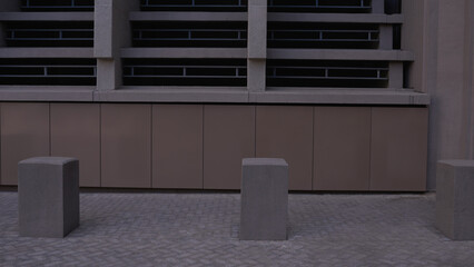 Concrete, outdoor and urban with bollards in city for architecture, environment and public space. Barrier, buildings and street with safety posts downtown for sidewalk, pedestrian and exterior