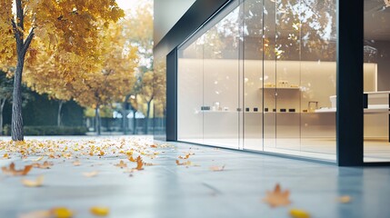 Fallen autumn leaves gathered outside modern glass building