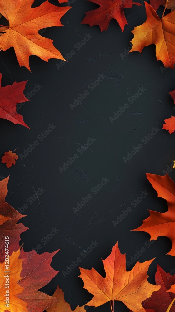 Poster autumn maple leaves frame on dark background creating copy space