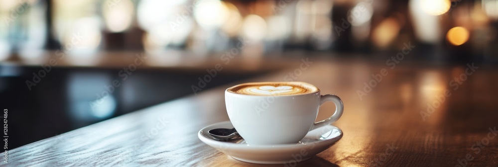 Aufkleber Warm cup of coffee with latte art resting on wooden table in a cozy cafe setting. Generative AI
