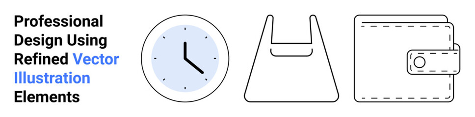 Clock with hour and minute hands, shopping bag, and wallet with button strap. Ideal for e-commerce, finance, lifestyle apps, time management, retail, minimal design flat landing page banner