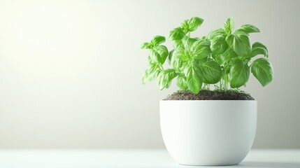 Fototapeta premium A ceramic pot containing a green indoor plant placed on a wooden table with a neutral background