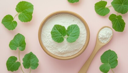 Gotu kola leaves extract centela asiatica natural skincare ingredient on wooden bowl