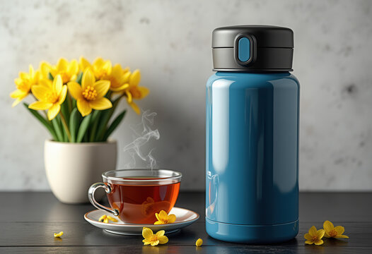 Blue thermos, steaming tea, and yellow flowers for product advertising, blogs, and websites. - Powered by Adobe