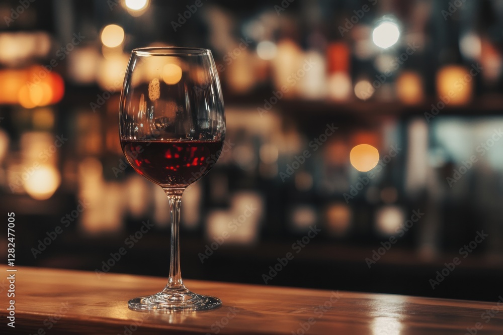 Poster elegant red wine glass on wooden bar counter amidst a blurred background of various bottles. generat